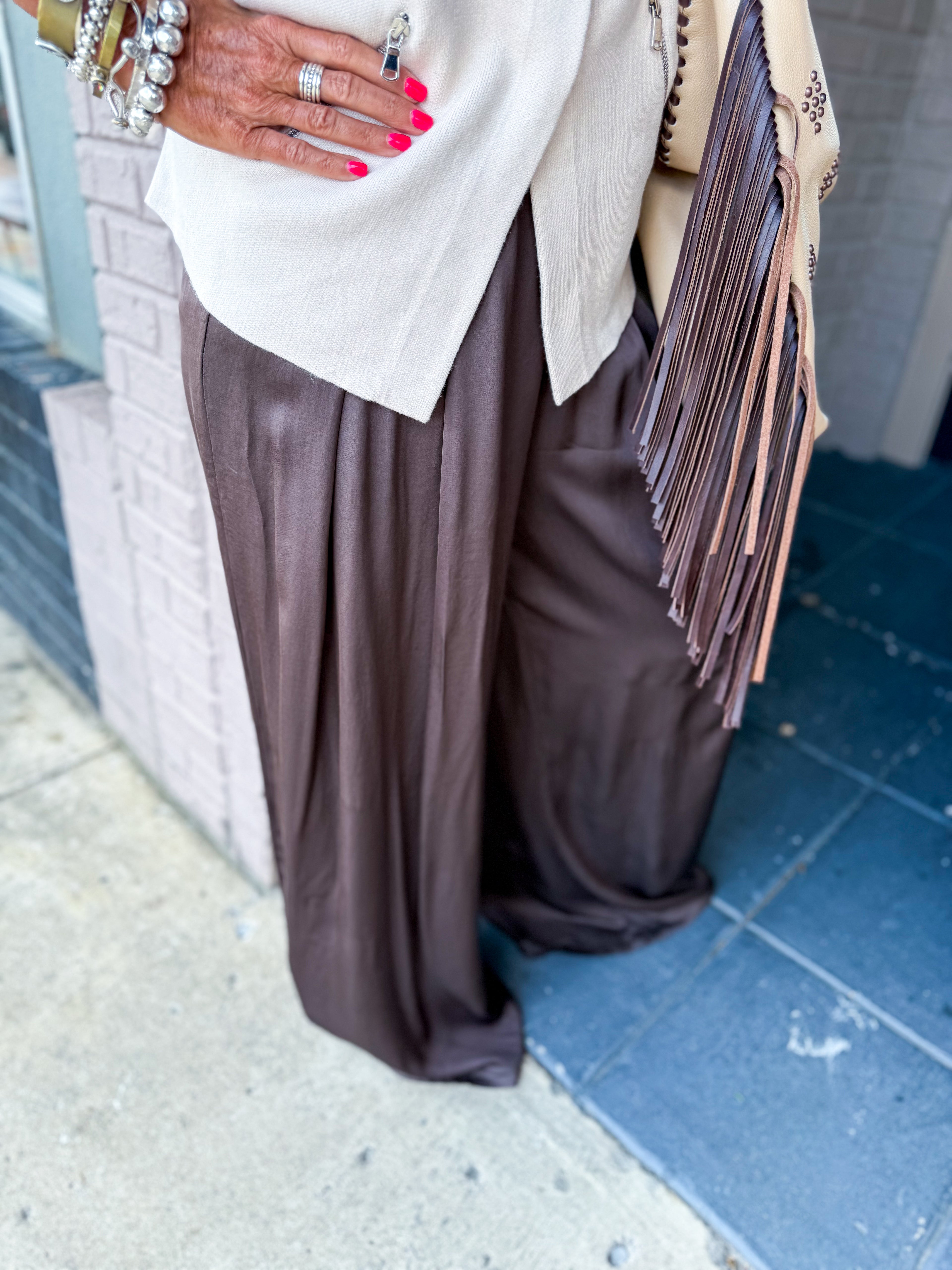 Gia Brown Satin Pants - Urban Mills Boutique