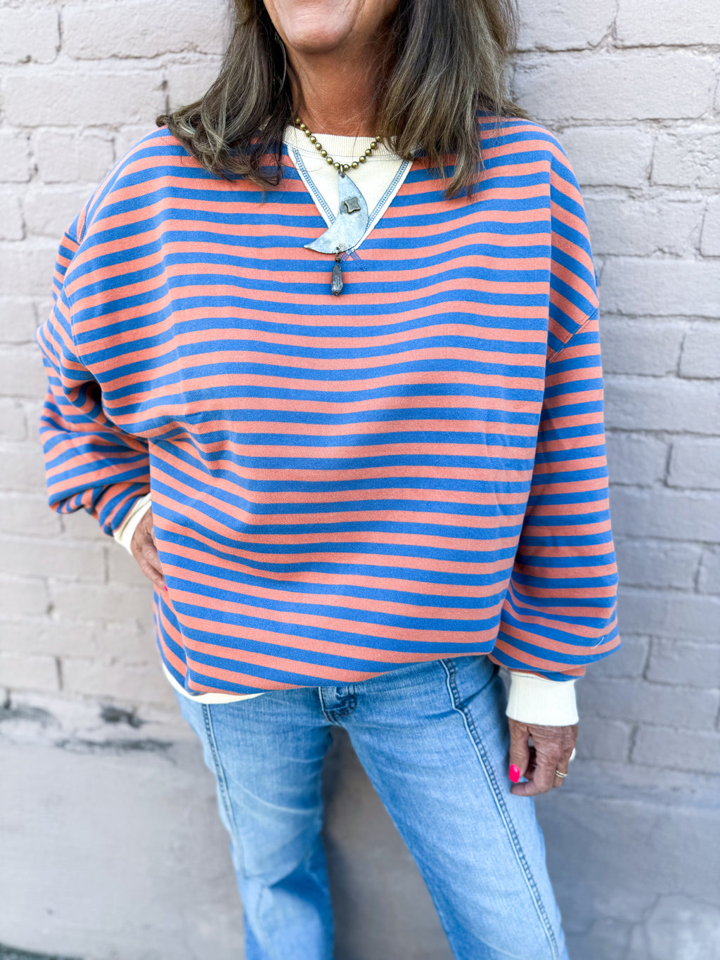 Blue/Rust Striped Sweatshirt - Urban Mills Boutique