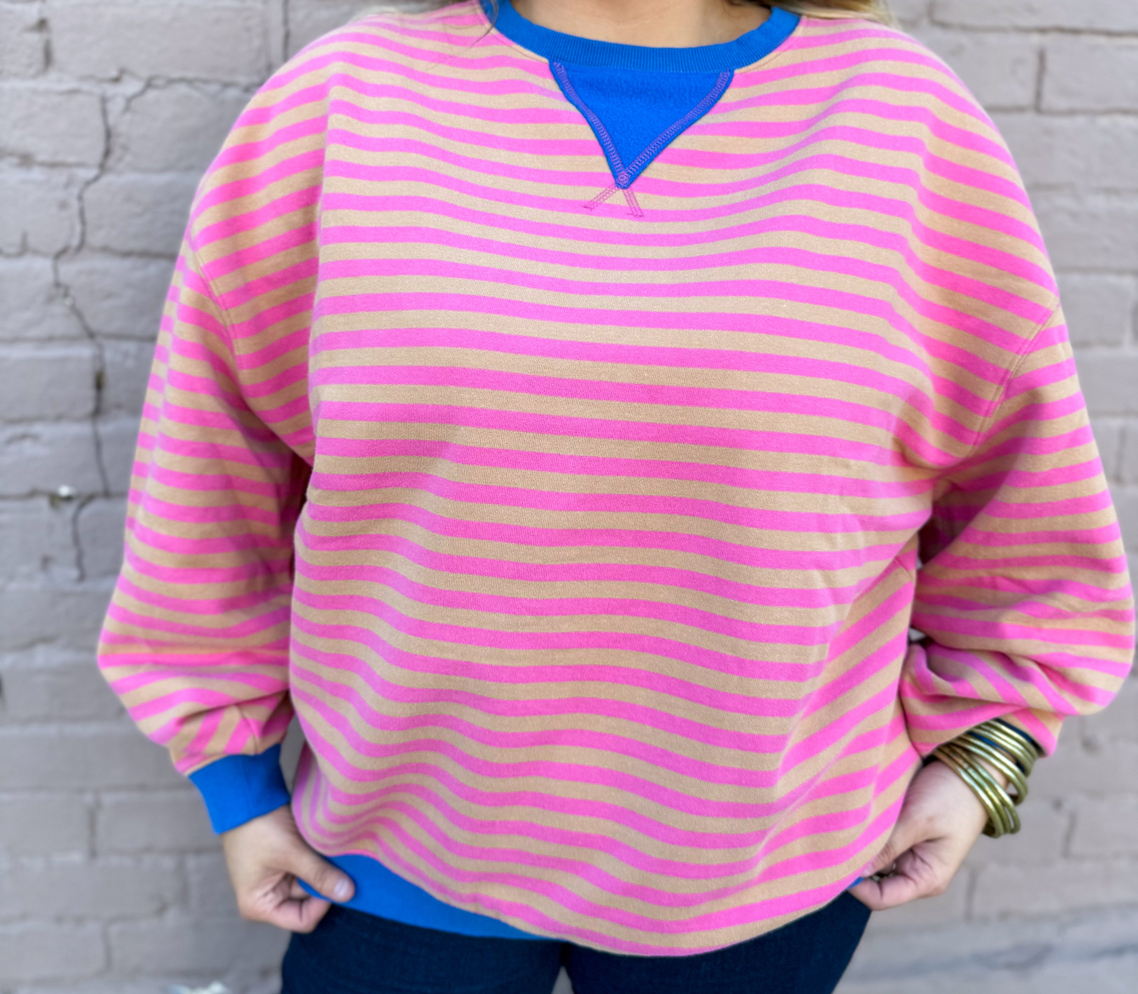 Tan/Pink Striped Sweatshirt - Urban Mills Boutique