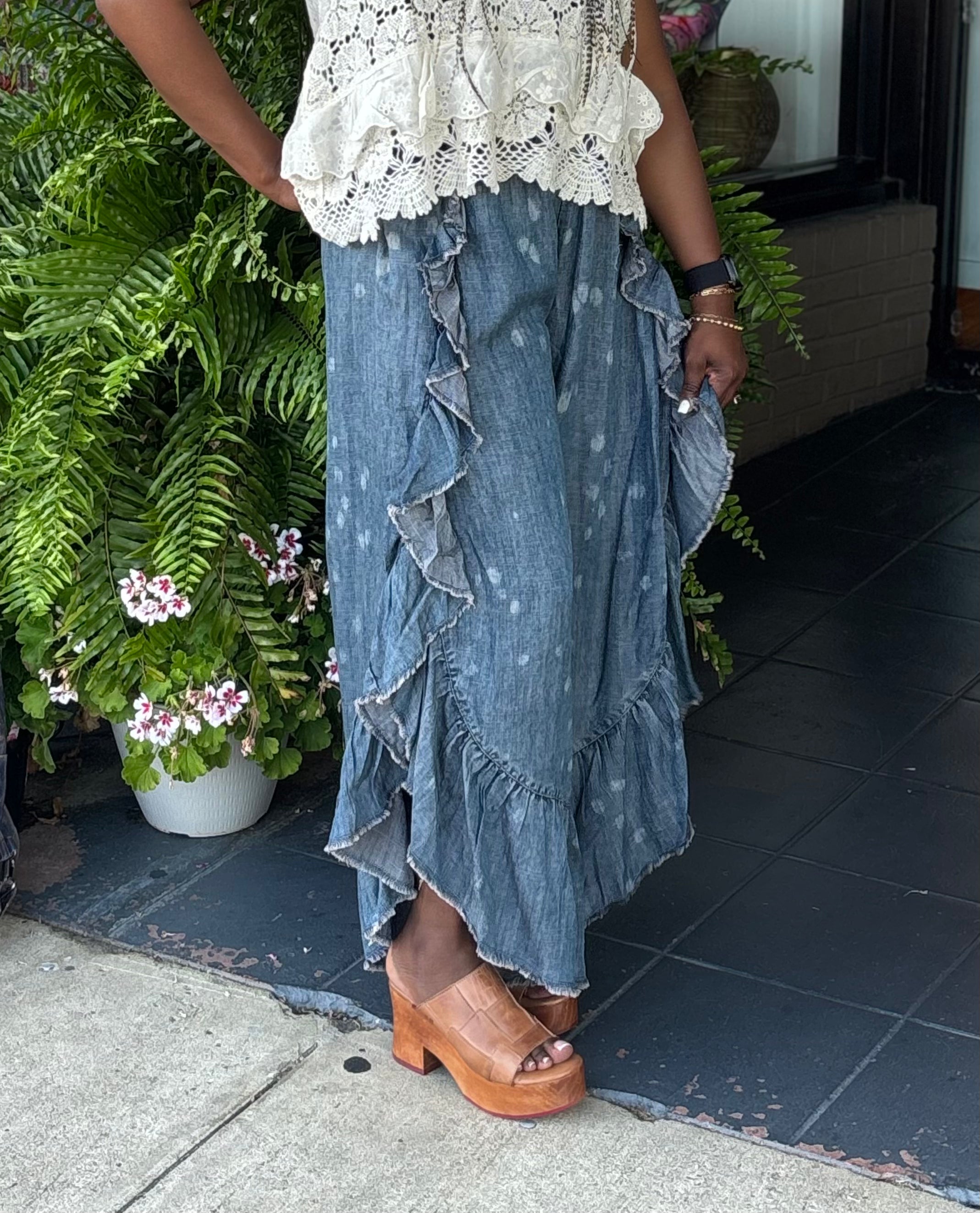 Patchwork Skies Ruffle Pant - Urban Mills Boutique