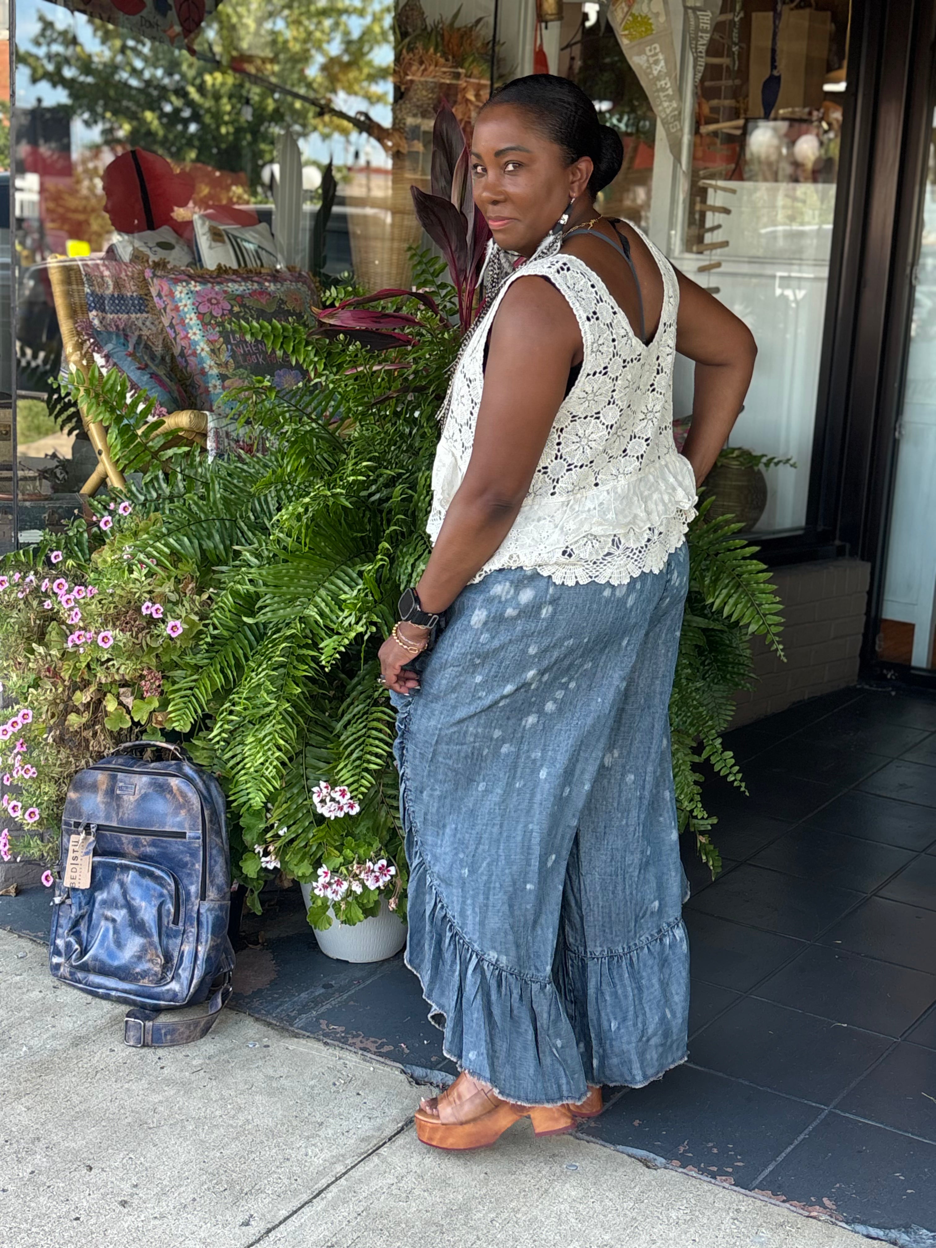 Patchwork Skies Ruffle Pant - Urban Mills Boutique