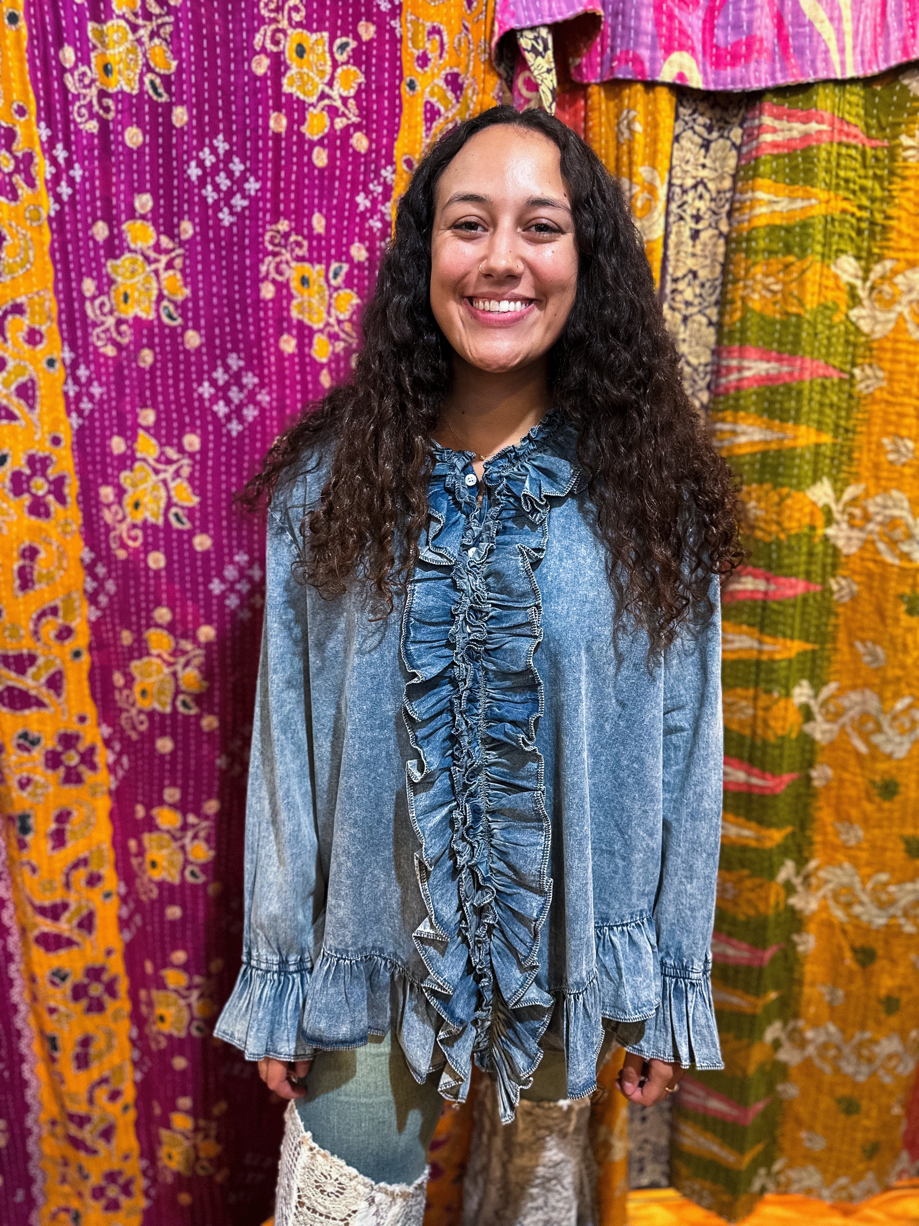 Denim Ruffle Top - Urban Mills Boutique