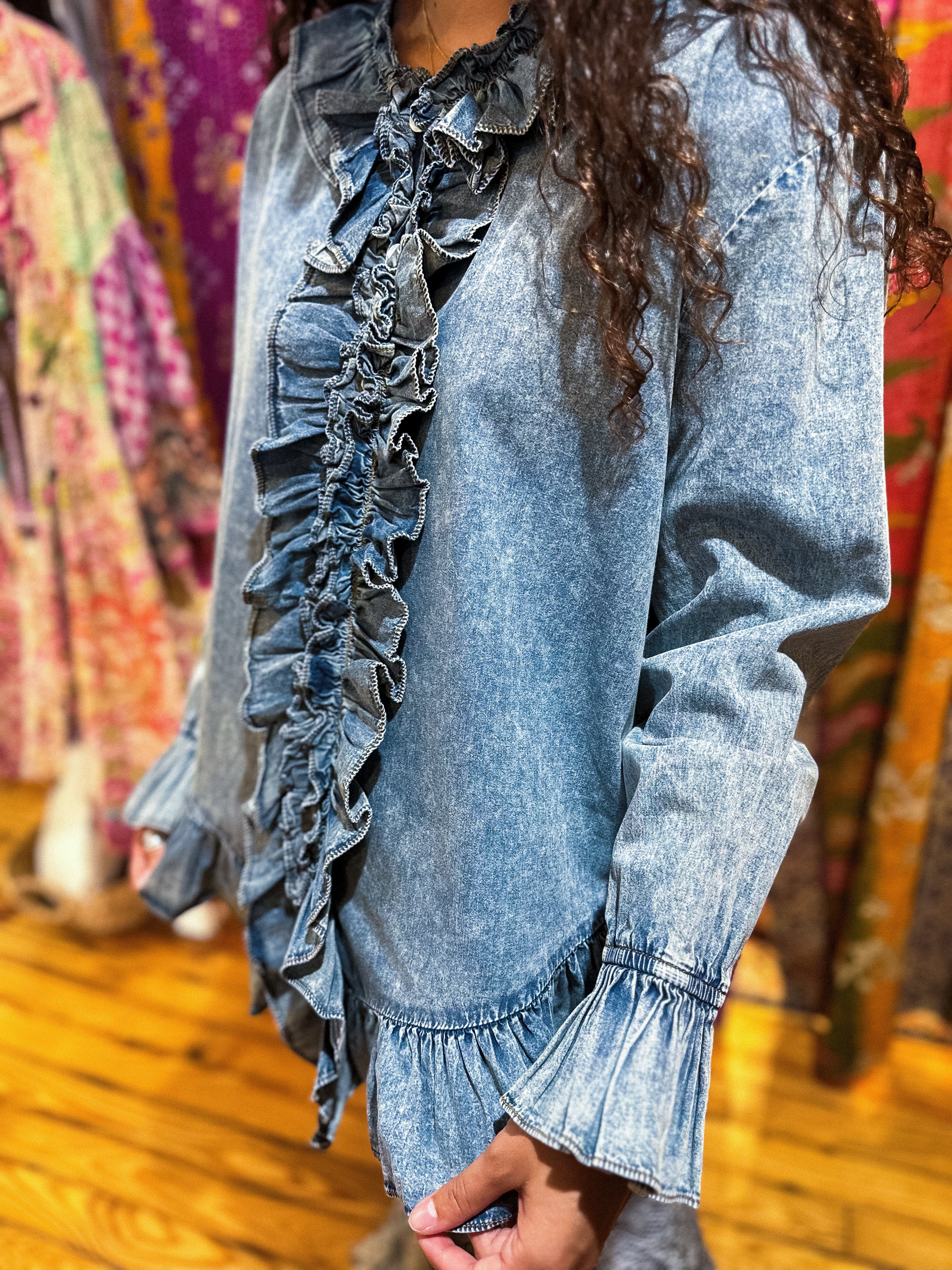 Denim Ruffle Top - Urban Mills Boutique