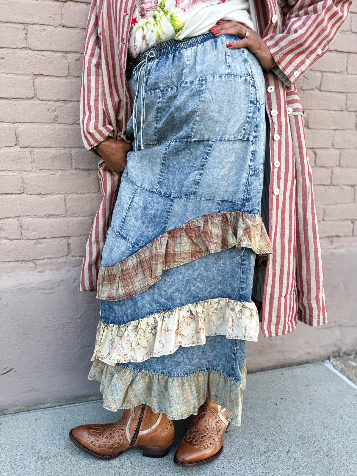 PLAID/PATCH Denim Skirt - Urban Mills Boutique